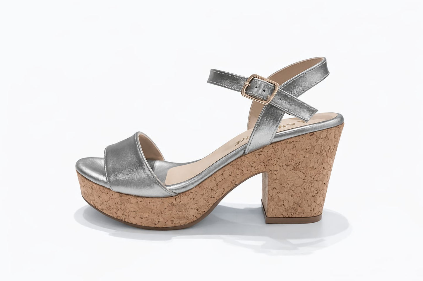 SANDALIA ORTOPÉDICA TIRA TACÓN 7CM PLATA + CORCHO
