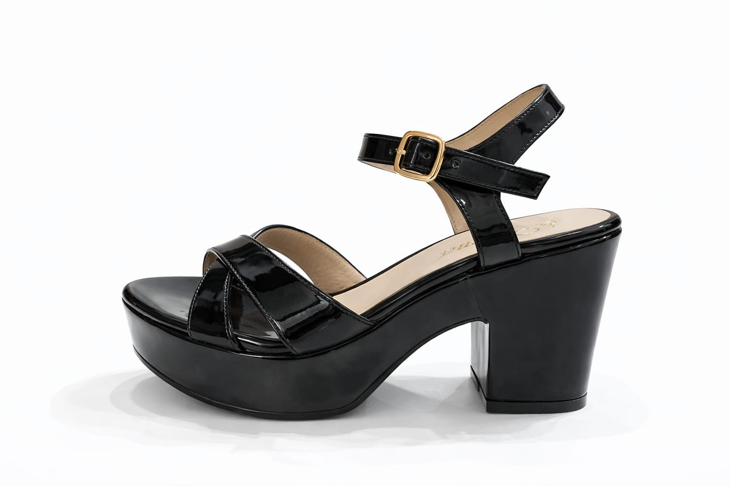 SANDALIA ORTOPÉDICA CRUZADA TACÓN 7CM CHAROL NEGRO