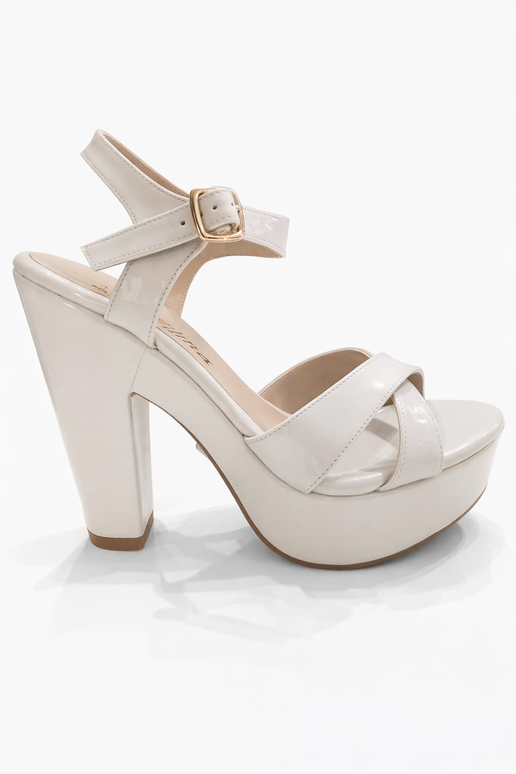 SANDALIA ORTOPÉDICA CRUZADA TACÓN 12CM CHAROL HUESO