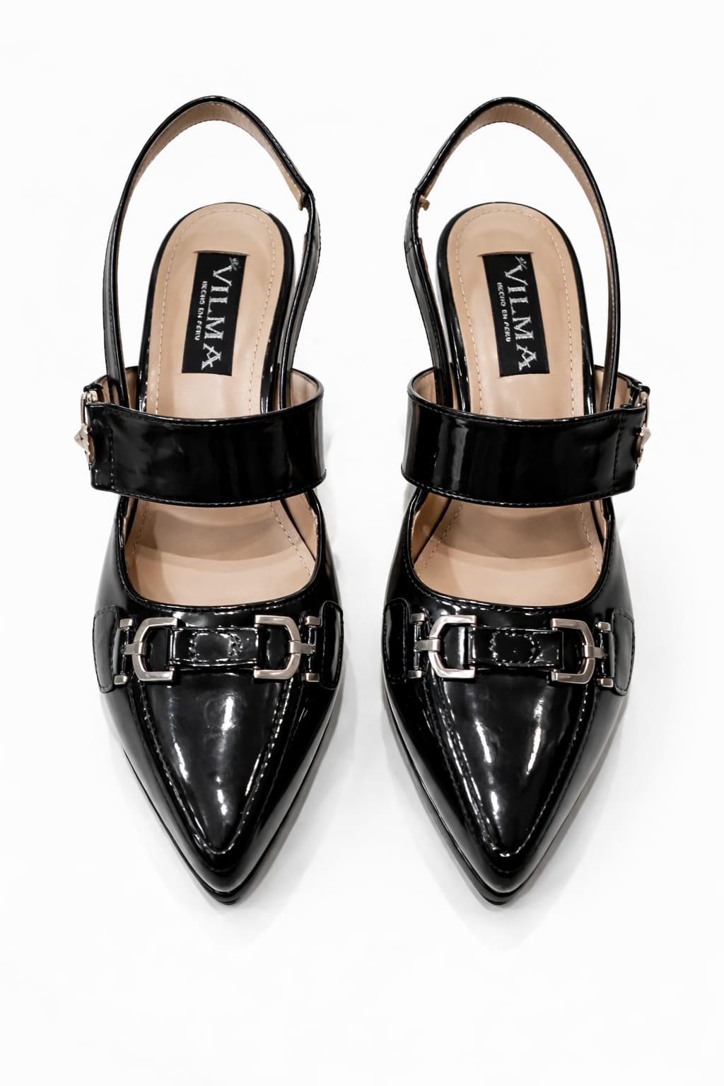Zapato Stiletto destalonado con tira ancha Vilma charol negro