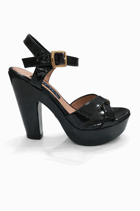 SANDALIA ORTOPÉDICA CRUZADA TACÓN 12CM NEGRO CHAROL