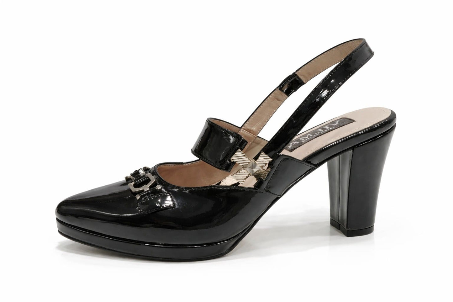 Zapato Stiletto destalonado con tira ancha Vilma charol negro