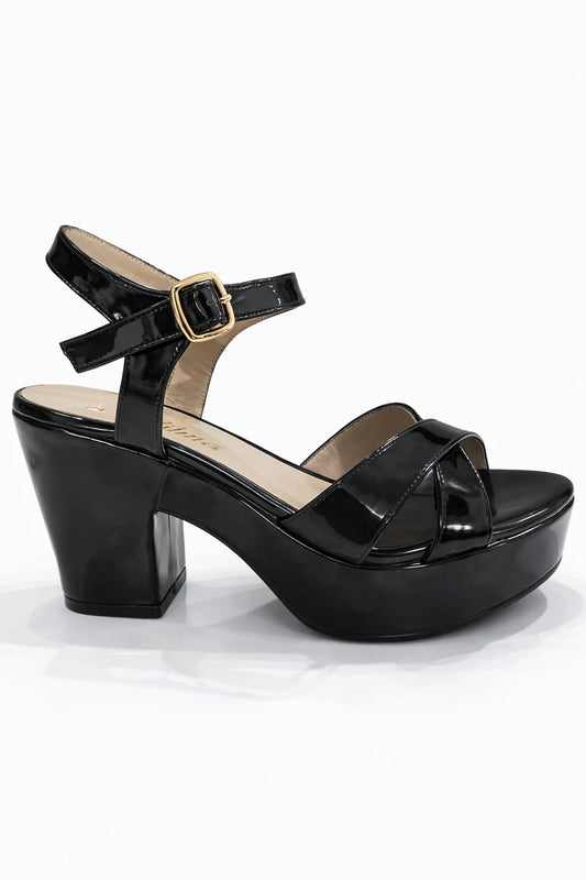 SANDALIA ORTOPÉDICA CRUZADA TACÓN 7CM CHAROL NEGRO