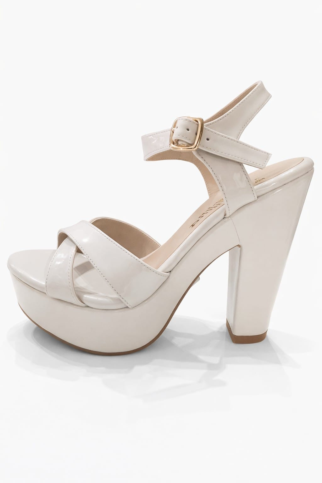SANDALIA ORTOPÉDICA CRUZADA TACÓN 12CM CHAROL HUESO