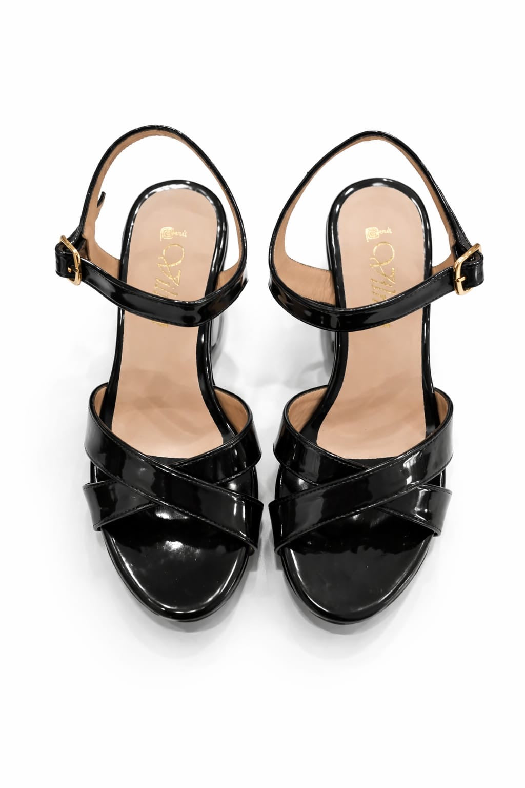 SANDALIA ORTOPÉDICA CRUZADA TACÓN 7CM CHAROL NEGRO