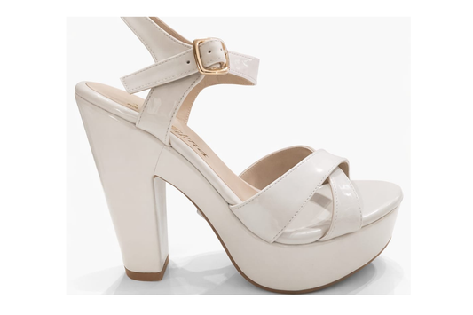 SANDALIA ORTOPÉDICA CRUZADA TACÓN 12CM CHAROL HUESO
