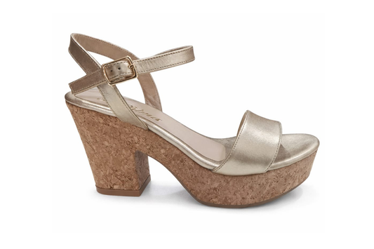 SANDALIA ORTOPÉDICA TIRA TACÓN 7CM DORADO + CORCHO