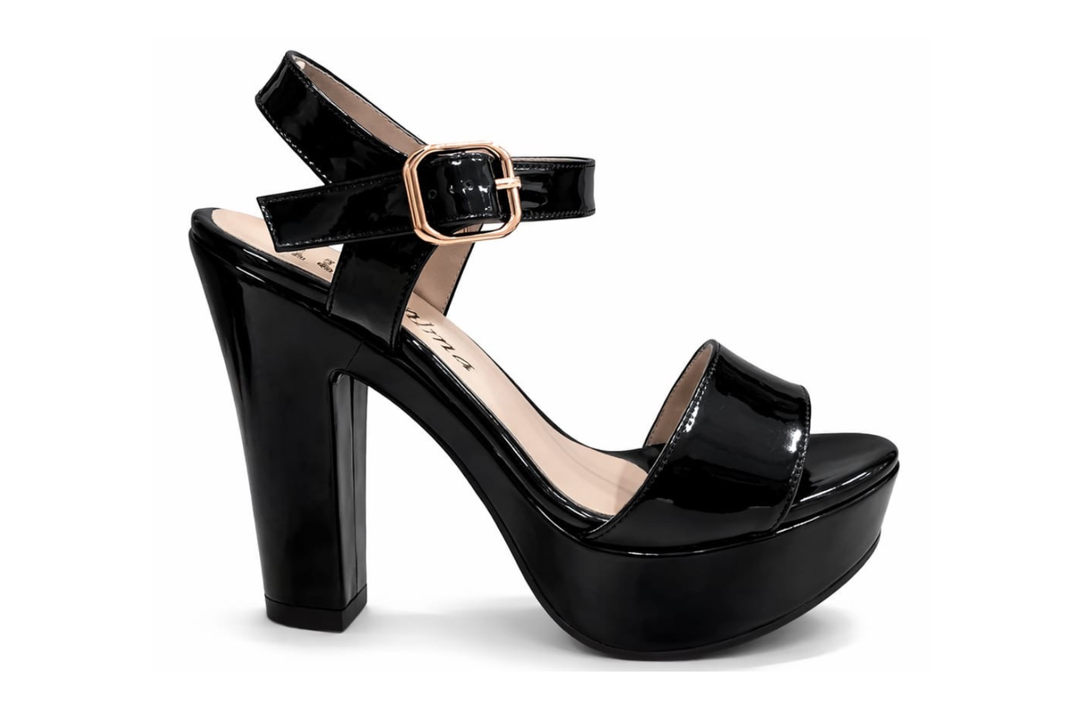 SANDALIA ORTOPÉDICA TIRA TACÓN 12CM CHAROL NEGRO