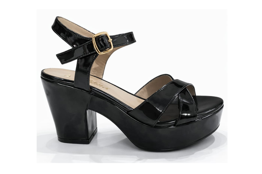 SANDALIA ORTOPÉDICA CRUZADA TACÓN 7CM CHAROL NEGRO